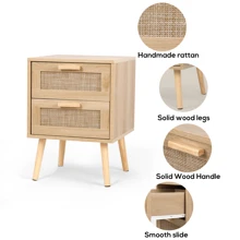 VOWNER 2PCS Rattan Nightstand, Side Table With 2 Hand Made Rattan Decorated Drawers, Wood Accent Table With Storage For Bedroom, Natural Oak - Natural Oak - 查看 5