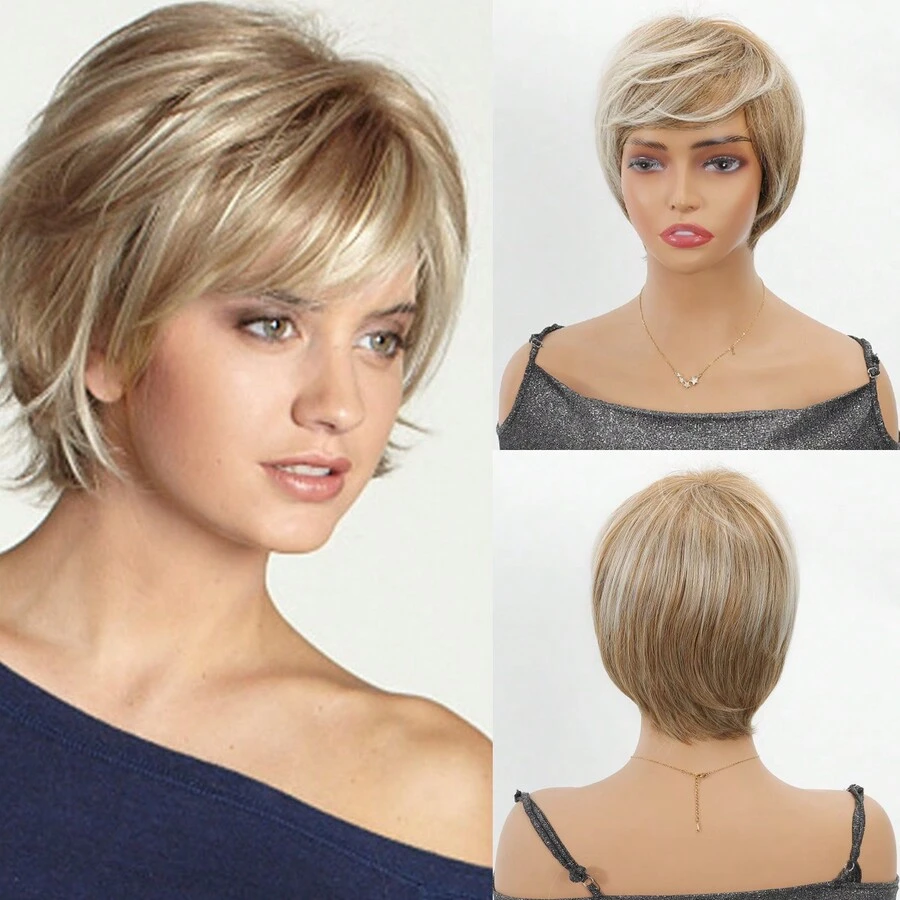 Women's 10 Inch Short Straight Synthetic Wig, Mixed Blonde Color, High Elastic Rose Net Fluffy Short Hair, Suitable For Women's Daily Wear - Piano Color - View 1
