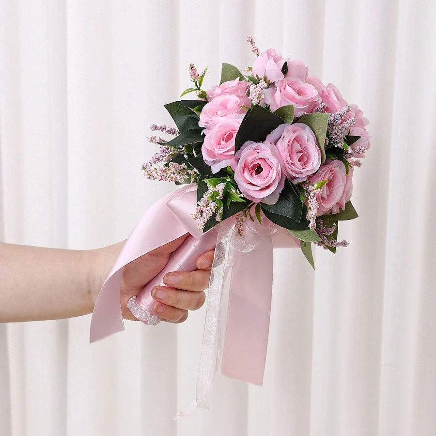 1pc Bride & Bridesmaid Handheld Bouquet, Romantic & Sweet Artificial Pink Rose Flower For Wedding, Living Room Decor Or Photography Props Valentine's Day Valentines
