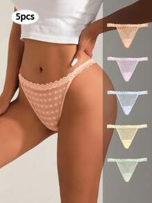 5入組女士純色蕾絲拼接低腰三角褲,性感舒適高彈性半透明蕾絲丁字褲,多色組合內衣套裝 - 彩色 - 查看 1