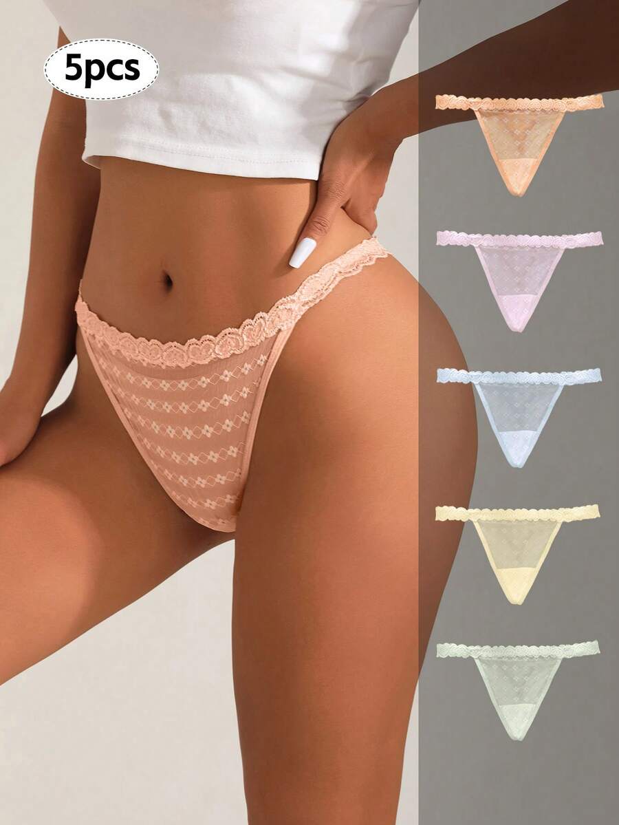 5入組女士純色蕾絲拼接低腰三角褲,性感舒適高彈性半透明蕾絲丁字褲,多色組合內衣套裝 - 彩色 - 查看 1