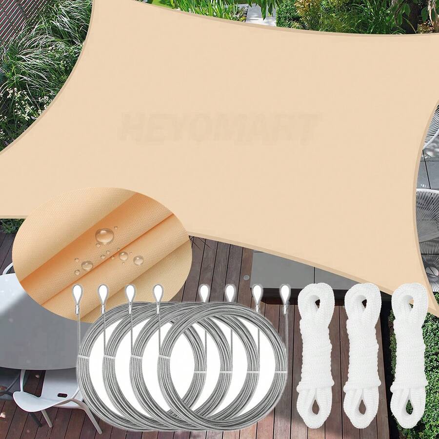 1 Set Large Rectangular Sun Shade Sail, Waterproof, 98% UV Protection, Suitable For Patio, Garden, Swimming Pool, Outdoor Camping, With Installation Steel Cable - Light Yellow - View 1
