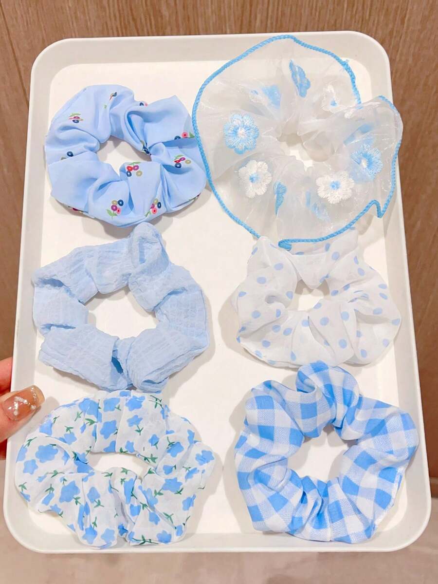 6 piezas lazos de tela casual con estampado floral - Azul - Ver 1
