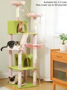 PAWZ Road Flower Cat Tree, 70.9" Tall Cat Tree For Indoor Cats, Large Cat Tree For Big Cats, Multi-Level Tall Cat Tower With 6 Scratching Posts, 2 Cat Houses, 2 Resting Areas, Large Hammock, Pompoms - Berwarna merah muda - View 2
