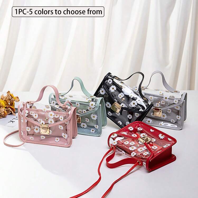 1PC Fashionable Transparent Jelly Handbag Women s Mini PVC Flip Panel Crossbody Bag With Multiple Colors To Choose From Including Chrysanthemum Print. Women s Transparent Wallet Can Be Carried Or Held...