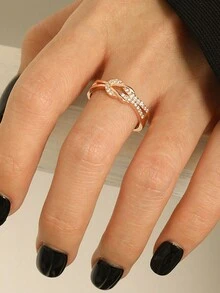 Cubic Zirconia Decor Silver Wedding Band - Rose Gold - View 3
