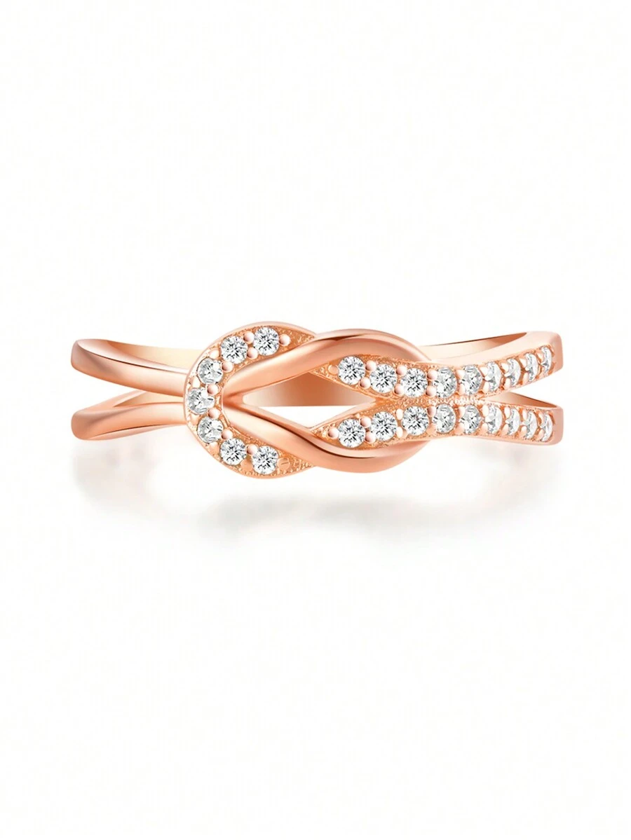 Cubic Zirconia Decor Silver Wedding Band - Rose Gold - View 1