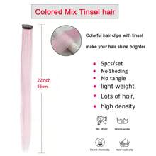 5Pcs Colored Mix Tinsel Clip In Hair Extensions, Multi-Colors Party Highlights Clip In Synthetic Straight Hairpiece For Women Girls