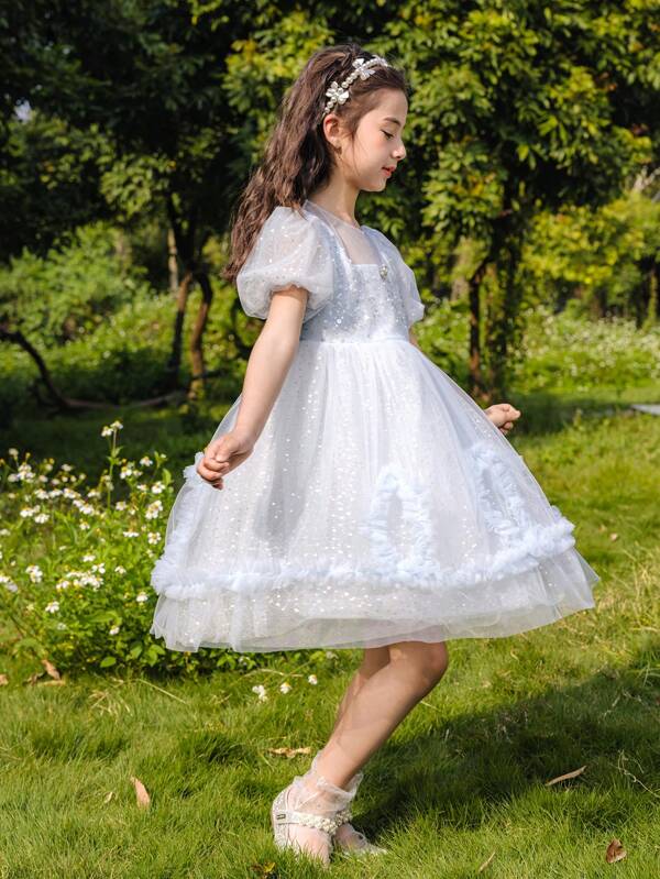 Dimu Tween Girl Dress 2024 Summer New Foreign Style Sweet Princess Style Mesh Yarn Frill Edge Pompous Princess Dress