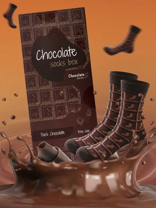 1 Pair Unisex Mid-Calf Socks With Unique Dark Chocolate Pattern Design, Creative Gift Socks, Comfortable And Breathable, Suitable For Holiday Gatherings, Casual Home, Couples Birthdays, All Seasons