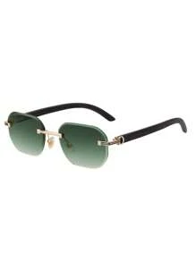 1 Pair Diamond-Edge Frameless Fashion Glasses For Men, Vintage Faux Wooden Temple Legs, Suitable For Everyday Wear, Outdoor, Driving, UV Protection