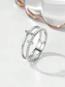 BALMORA 1枚S925纯银双层十字架立方氧化锆戒指，复古派对/约会礼物，日常佩戴生日礼物 - 銀色 - 查看 6