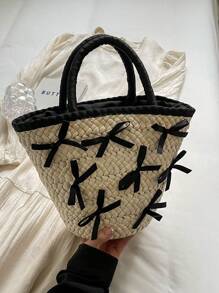 1pc Solid Color Bowknot Woven Bag 2024 Summer New Arrival Stylish Handmade Braided Bag Beach Vacation Basket Tote, Suitable For Teenage Girls, Female College Students, White-Collar Workers, Suitable For Office, School, Work, Business, Commute, Outdoor Activities, Travel, Outing - Black - View 2