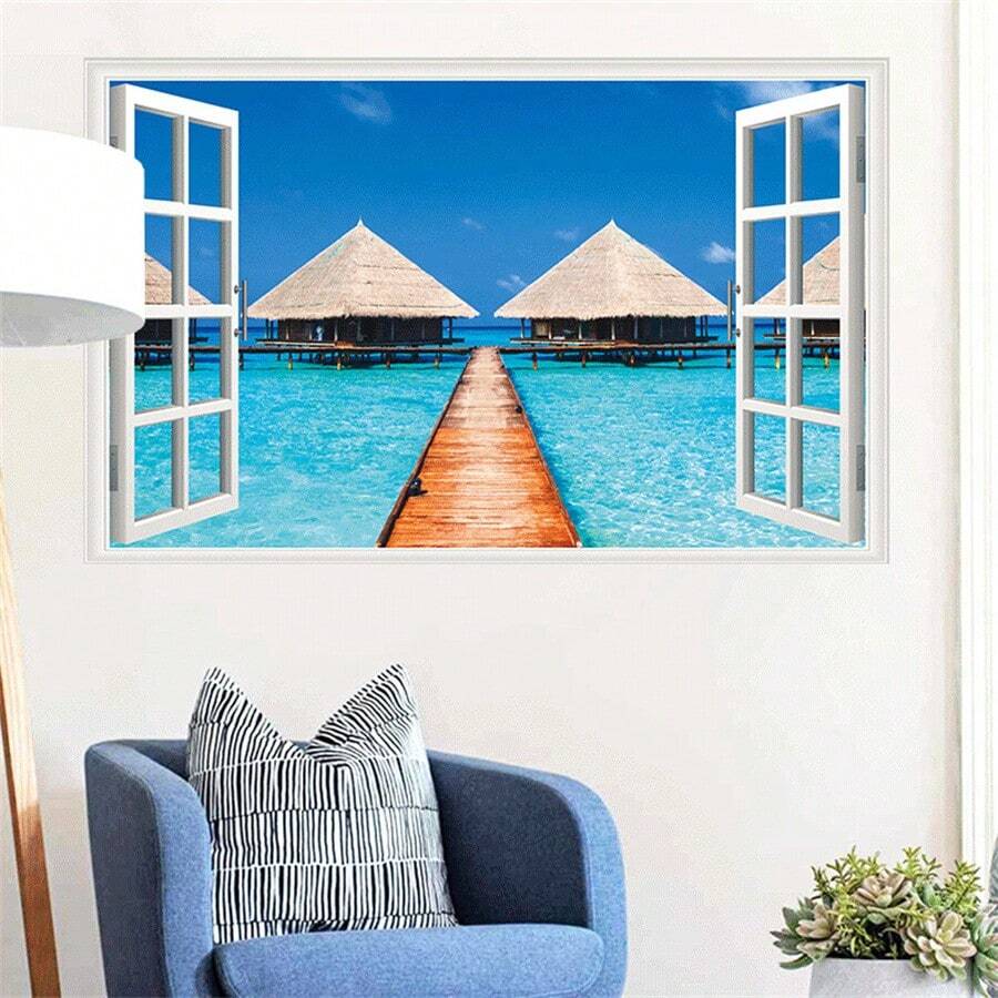 現代家居裝飾用可拆卸壁貼，海灘椰樹圖片，乙烯基貼紙，風景壁紙剝離並貼上 - 彩色 - 查看 1
