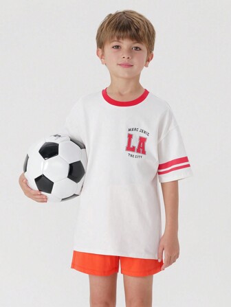 MARC&JANIE Camiseta Deportiva De Manga Corta Y Cuello Redondo Para Jóvenes Con Diseño De Bloques De Color, Letras Impresas, Vitalidad De La Academia, Verano