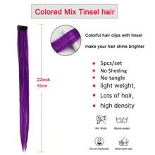 Hair Tinsel5pcs Colorful Mixed Glitter Clip-In Hair Extensions, Multi-Color Party Highlights Clip-In Synthetic Straight Hair Extensions, Suitable For Women And Girls - Purple - View 5