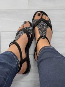 Sandalia Dama Huarache Mujer Pata de Gallo Brillos Triangulo con Tiras Negras , Talonera y Broches Tallas 22 a 26 Economica (26) - Negro - Ver 3