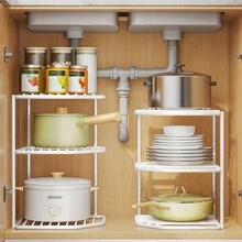 1pc Multi-Tiered Iron Under Sink Storage Rack For Kitchen And Bathroom Sink Cabinet, Heavy Duty Corner Shelf, Pot Rack, Space-Saving Kitchen Countertop Storage & Organization - Black - View 7