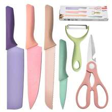 Ensemble de 6 pièces Macaron Couleur Paille de blé Six pièces Ensemble d'outils de coupe Ensemble de couteaux ménagers en acier inoxydable Coffret cadeau de jeu de couteaux de cuisine