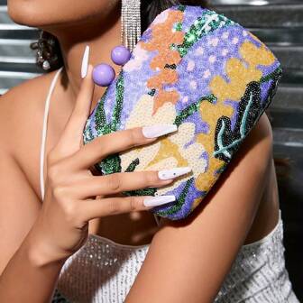 Purple Random Pattern Beaded Evening Dress Bag Sparkling Hand Bag Sparkling, Tready Bride Bag, Perfect For Party,Wedding, Prom,Dinner/Banquet, Matching With Wedding Dress, Formal Dresses, Prom Dress, Birthday Dress, Party Dress