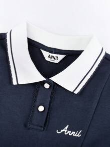 Annil Đầm chữ A thường ngày cho bé gái, đầm tay dài cổ polo kiểu dáng ngọt ngào phù hợp đi học. - Xanh đậm - Xem 7