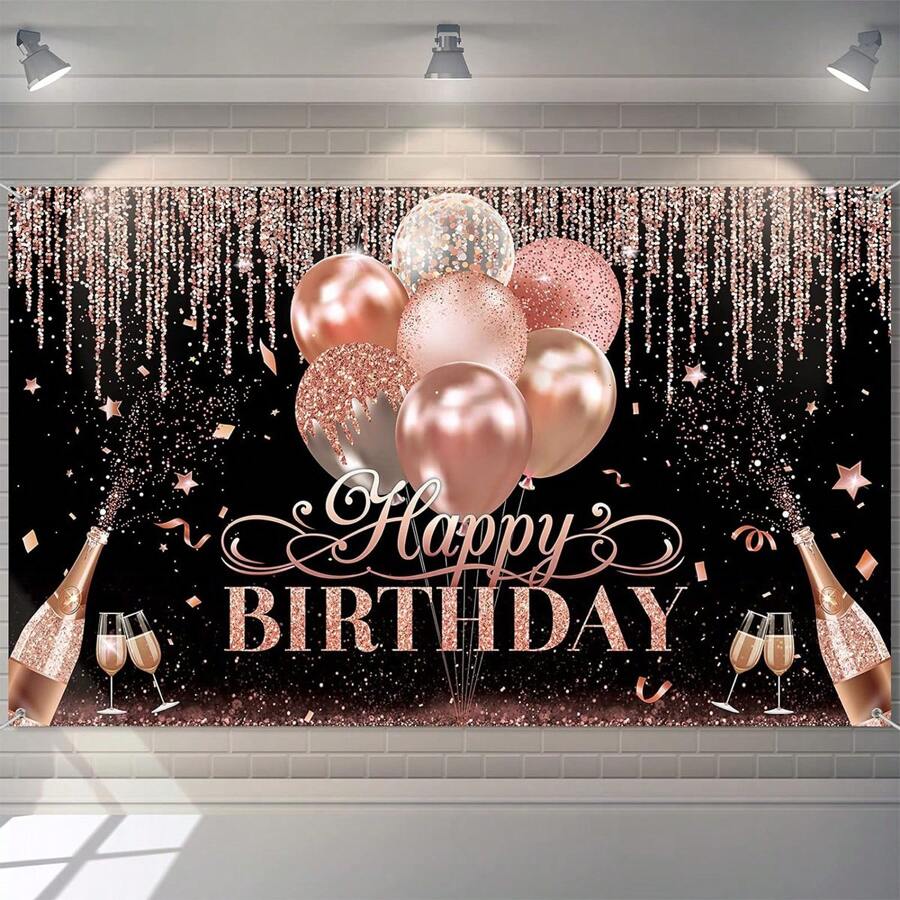 Black, Silver, Rose Gold "Happy Birthday" Party Decorations, Glitter Balloon Birthday Party Backdrop For Women, Girls Birthday Sweet Photography Background Hanging Banner
