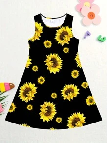 Young Girl Sunflower Print Sleeveless Dress Loose Fit And Comfortable Round Neck Summer Dress Kids Clothes