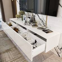 QQD Floating TV Stand With LED For 60 65 70in TV, Glossy Wall Mounted Modern Entertainment Center With 3 Drawers , White