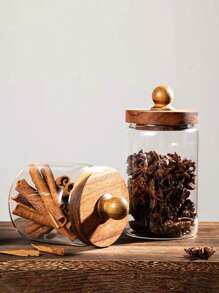 جرة تخزين خشبية زجاجية للمطبخ، جرار القهوة الزجاجية، علبة تخزين شفافة بغطاء خشبي جولة جرة طعام زجاجية لصندوق تخزين الطعام السكر الشاي البن البهارات جوز