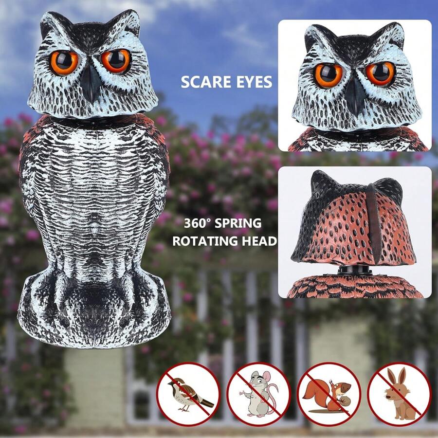仿真貓頭鷹擺設嚇鳥,擺動頭雕塑,天敵稻草人塑像,防蟲劑,防鳥和鴿子驅逐室外庭院,花園防護罩 - 酒紅色 - 查看 1