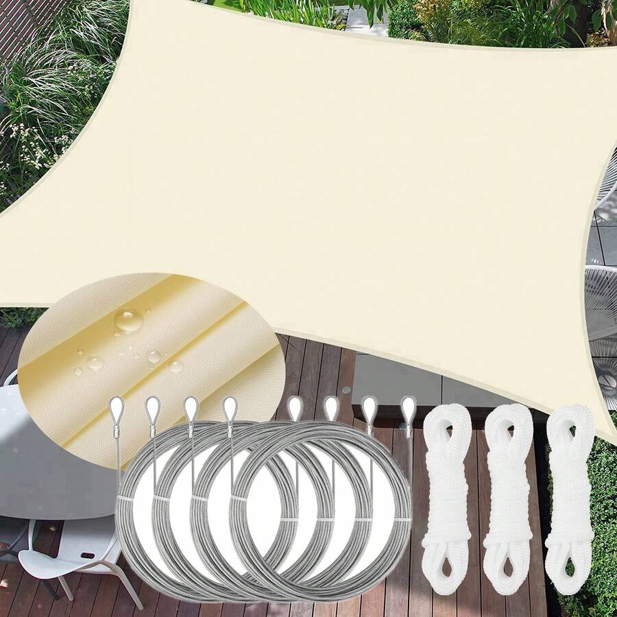 1 Set Large Rectangular Sun Shade Sail, Waterproof, 98% UV Protection, Suitable For Patio, Garden, Swimming Pool, Outdoor Camping, With Installation Steel Cable - Beige - View 1
