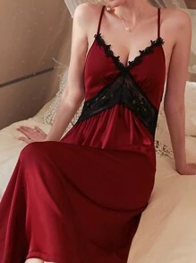 1 szt. Damska koszula nocna z szelkami lodowy jedwab satynowa seksowna długa koronkowa bielizna nocna - Czerwony - Zobacz 4