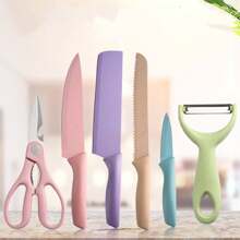 Ensemble de 6 pièces Macaron Couleur Paille de blé Six pièces Ensemble d'outils de coupe Ensemble de couteaux ménagers en acier inoxydable Coffret cadeau de jeu de couteaux de cuisine