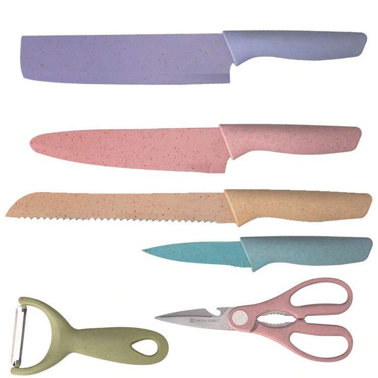 Juego de 6 piezas de herramientas de corte de acero inoxidable de color macaron con mango de paja de trigo, juego de cuchillos de cocina de seis piezas con caja de regalo - Blanco - Añade 8