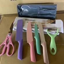 Ensemble de 6 pièces Macaron Couleur Paille de blé Six pièces Ensemble d'outils de coupe Ensemble de couteaux ménagers en acier inoxydable Coffret cadeau de jeu de couteaux de cuisine