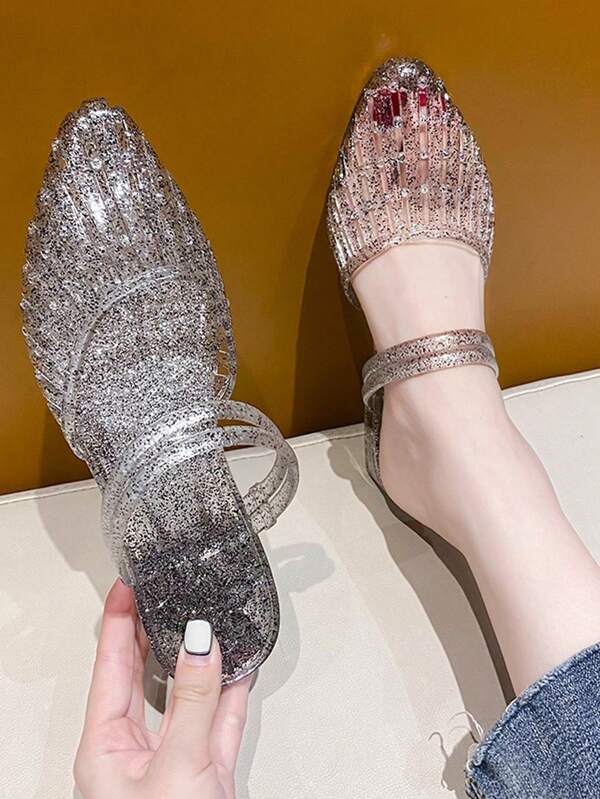 Summer New Women's Pointed Toe Middle Heel Slippers, Fashionable Casual Work Shoes, Wedge Heel Closed Toe Slippers