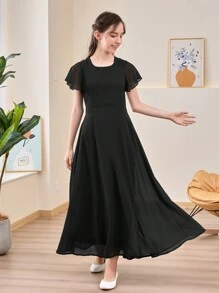 Vestido Longo Elegante de Chiffon com Decote Quadrado e Mangas Soltas, Adequado para Dama de Honra Adolescente, Casamento ao Ar Livre, Festa, Banquete - Preto - Visão 5