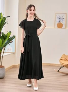Vestido Longo Elegante de Chiffon com Decote Quadrado e Mangas Soltas, Adequado para Dama de Honra Adolescente, Casamento ao Ar Livre, Festa, Banquete - Preto - Visão 3