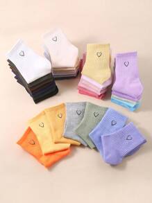 10雙隨機女款糖果色彈性中筒襪,具有心形圖案
