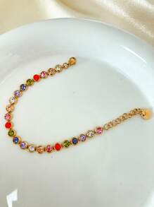 Mazuer 1pc Vintage French Elegant Stainless Steel 18K Gold Plated Colorful Zirconia Stone Women's Bracelet, Suitable For Dates, Holidays, Halloween Parties, Gatherings, And Daily Commute - Multicolor - View 7