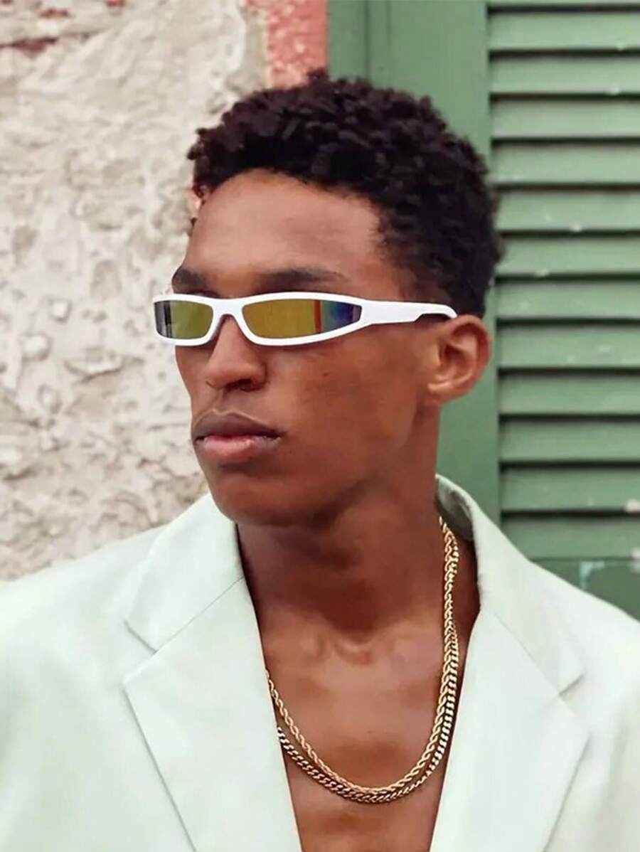 1 Pair Men's Fashionable Y2K Sports Glasses, Mirror Lens, Wrap-Around Futuristic Fashion Glasses, Punk Hiphop Style Narrow Rectangular Frames, Compact Eyewear Suitable For Parties, Driving, Beach, Festivals, Travel, Can Be Paired With Halloween Costumes, Streetwear, Sweaters, Jackets, Hoodies, Leather Pants, Cargo Pants, Great For Summer Beach Vacations, Outdoor Activities And Traveling