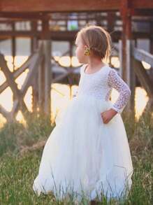Young Girl 1pc Vintage Boho Lace Eyelash V-Back Tulle Tutu Flower Girl 3/4 Sleeve Maxi Dress - Ngà voi - Xem 2