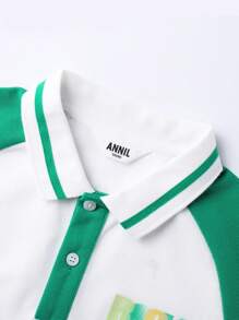 Annil Kaos Polo Anak Laki-Laki Tween Kontras Kerah Ditambal Tombol Depan Huruf Striped Casual - Hijau - View 4