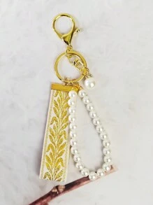 1入仿珍珠鑰匙扣銀葉簇花鑰匙扣，女士精美包包掛件鑰匙扣，女士時尚緞帶鑰匙扣，萬能鑰匙扣，女士時尚鑰匙扣，校用文具，教師禮物，開學送禮教師配件 - 銀色 - 查看 4