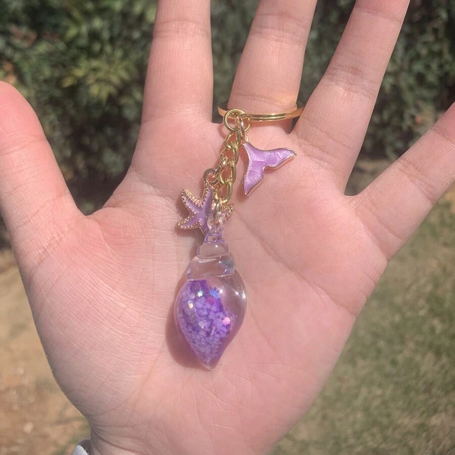 Night Luminous Seahorse Key Chain With Oil Drop Starfish & Fish Tail Pendant, Summer Beach Themed Key Chain Backpack Decoration Car Accessories Bag Charm School Cute Goth Y2k Christmas Gift Ideas Bag Lanyards With Id Holder Car Accessories Bag Charms - Purple - View 1