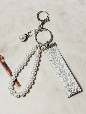 1pc Faux Pearl Keychain Silver Leaf Jacquard Keychain Women's Exquisite Bag Pendant Keychain Women's Fashion Ribbon Keychain Universal Keychain Women's Fashion Keychain School Supplies Teacher Gifts Back To School Teacher Accessories