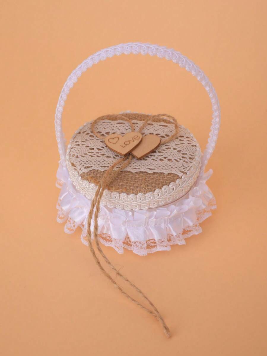 1入浪漫情人節心形戒指盒,創意婚戒盒,粗麻帶結花籃 - 米色 - 查看 1