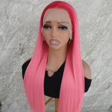 Peach Pink Ombre Lace Front Wig 26 Inches Long Silky Straight Synthetic Heat Resistant Fiber Hair Red Glueless Lace Wig Pre Plucked Baby Hair Natural Hairline For Women Girls Part Vacation Show Makeup - 漸層 - 查看 6