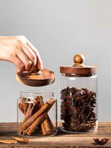 جرة تخزين خشبية زجاجية للمطبخ، جرار القهوة الزجاجية، علبة تخزين شفافة بغطاء خشبي جولة جرة طعام زجاجية لصندوق تخزين الطعام السكر الشاي البن البهارات جوز