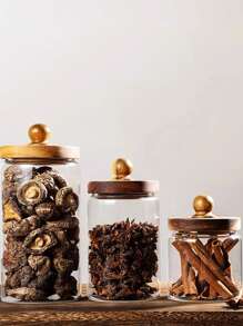 جرة تخزين خشبية زجاجية للمطبخ، جرار القهوة الزجاجية، علبة تخزين شفافة بغطاء خشبي جولة جرة طعام زجاجية لصندوق تخزين الطعام السكر الشاي البن البهارات جوز